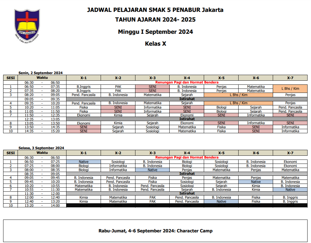 Jadwal Pelajaran Kelas X SMAK 5 PENABUR Jakarta Tahun Pelajaran 2024-2025 Minggu I September 2024