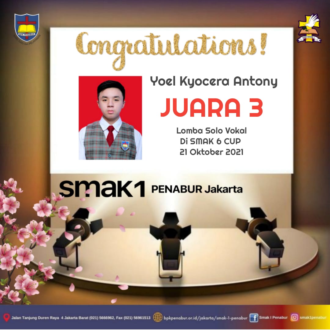 Prestasi Siswa SMAK 1 PENABUR JAKARTA dalam lomba solo Vokalis yang di selenggarakan di SMAK 6 pada kegiatan SMAK 6 CUP pada bulan Oktober 2021