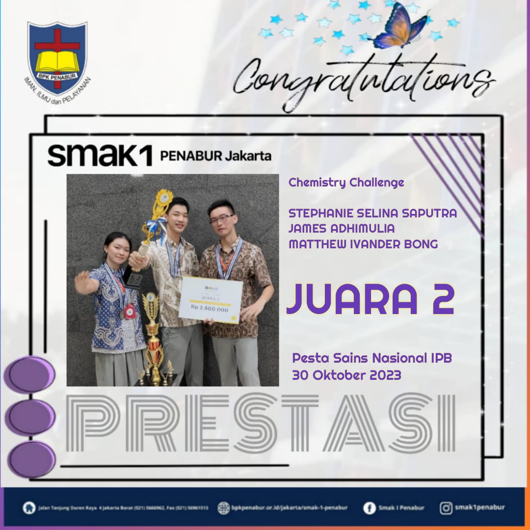 Prestasi Peserta Didik SMAK 1 PENABUR JAKARTA Meraih Juara 2 Bidang Kimia dalam Pesta Sains Nasional IPB