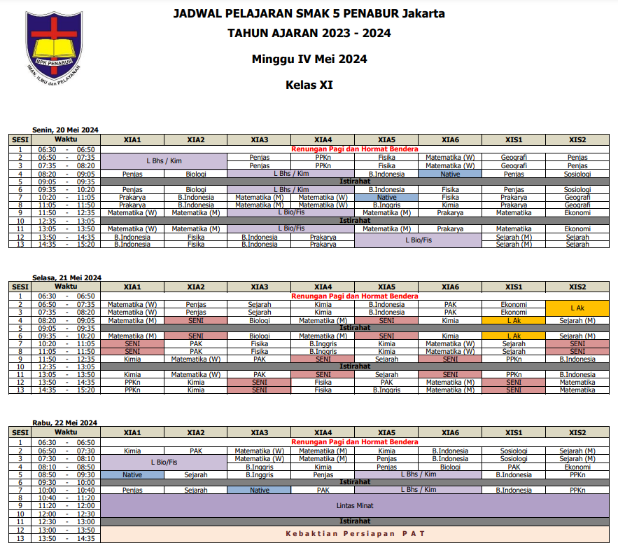 Jadwal Pelajaran Bulan Mei Minggu IV Kelas XI