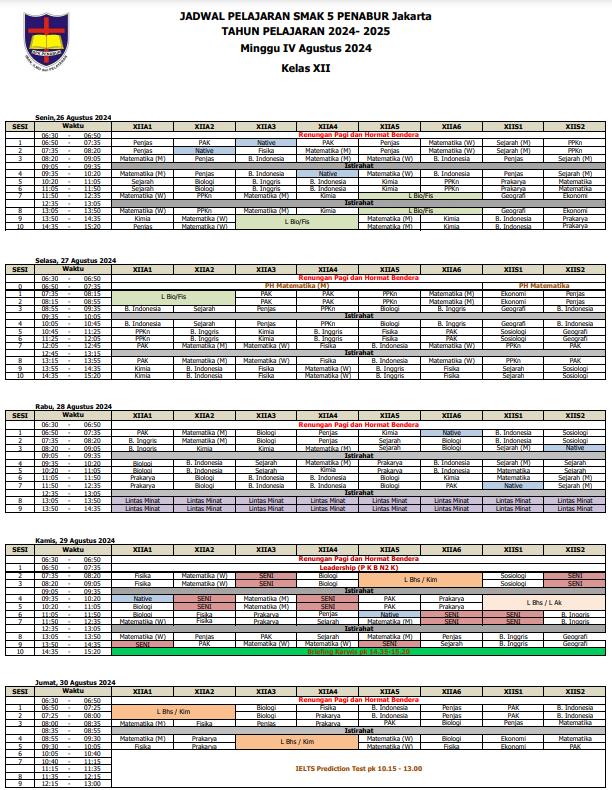 Jadwal Pelajaran Kelas XII SMAK 5 PENABUR Jakarta Tahun Pelajaran 2024-2025 Minggu IV Agustus 2024