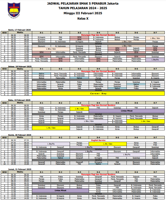 Jadwal Pelajaran Kelas X SMAK 5 PENABUR Jakarta Tahun Pelajaran 2024-2025 Minggu III Februari 2025