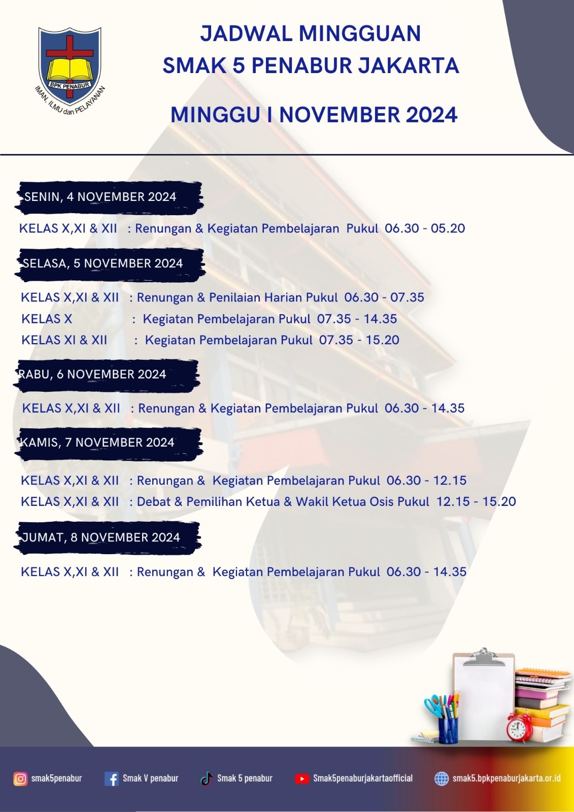 Jadwal Minggu I November 2024 SMAK 5 PENABUR Jakarta