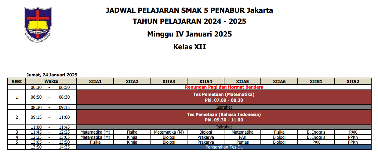 Jadwal Pelajaran Kelas XII SMAK 5 PENABUR Jakarta Tahun Pelajaran 2024-2025 Minggu IV Januari 2025