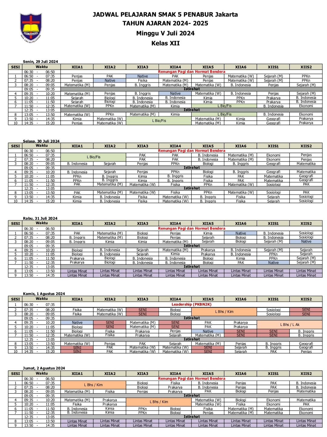 Jadwal Pelajaran Kelas XII SMAK 5 PENABUR Jakarta Tahun Pelajaran 2024-2025 Minggu V Juli 2024