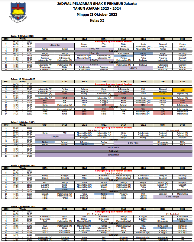 Jadwal Pelajaran Bulan Oktober Minggu II Kelas XI