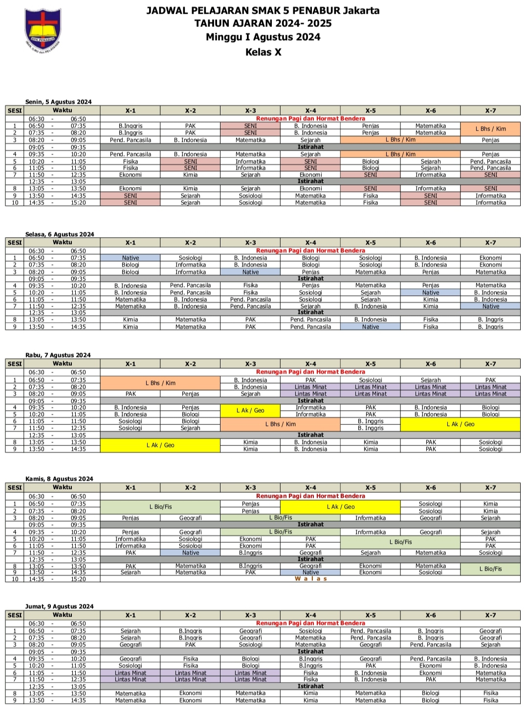 Jadwal Pelajaran Kelas X SMAK 5 PENABUR Jakarta Tahun Pelajaran 2024-2025 Minggu I Agustus 2024