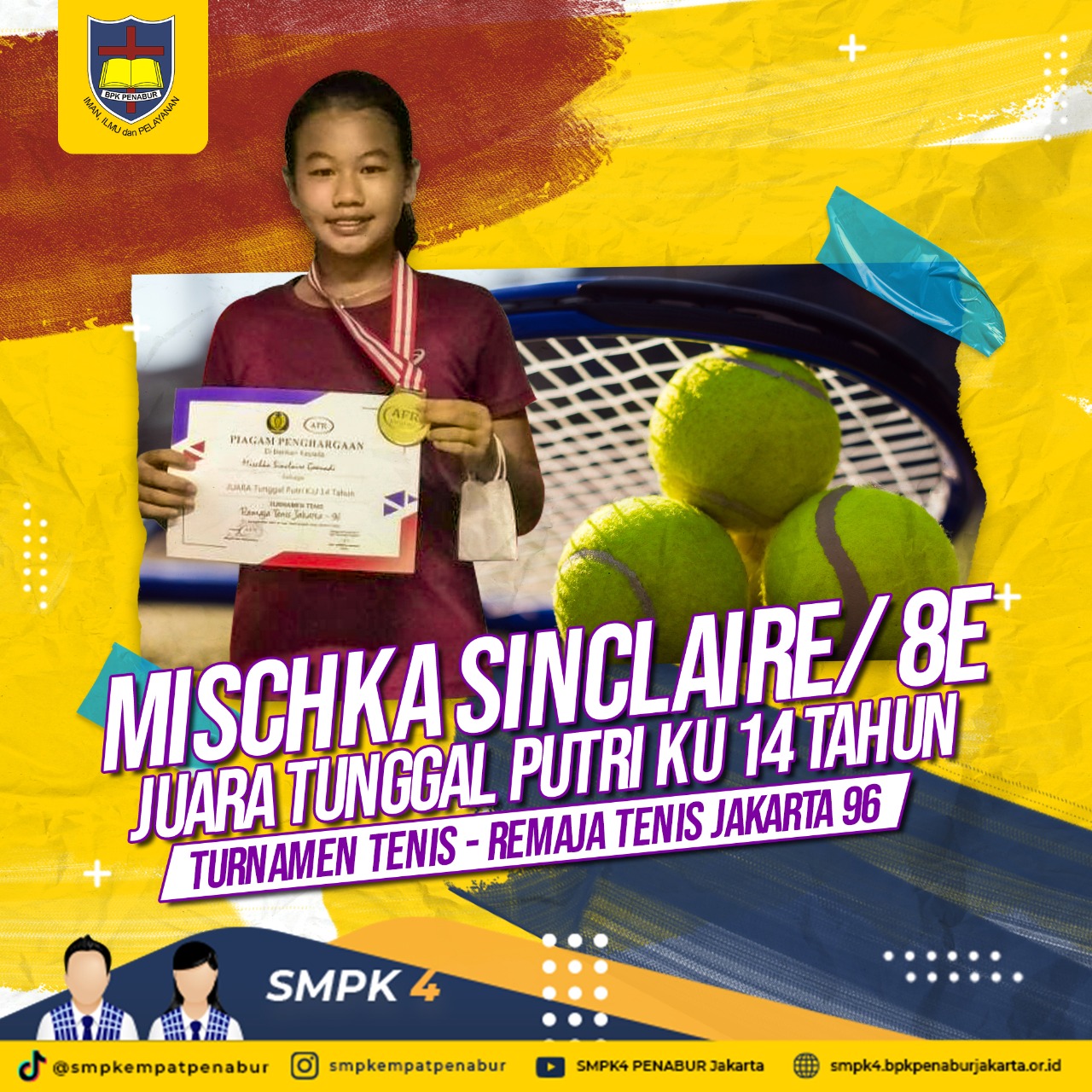 TURNAMEN TENIS - REMAJA TENIS JAKARTA 96 : Mischa Sinclair (8E) - JUARA TUNGGAL PUTRIKU 14 TAHUN