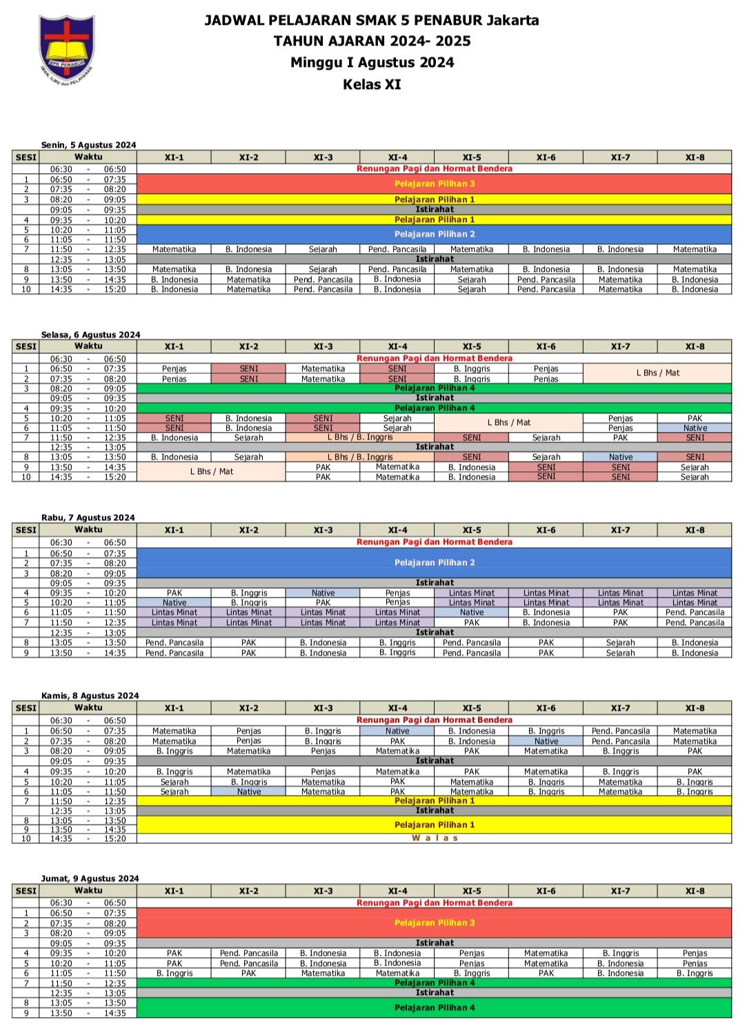 Jadwal Pelajaran Kelas XI SMAK 5 PENABUR Jakarta Tahun Pelajaran 2024-2025 Minggu I Agustus 2024