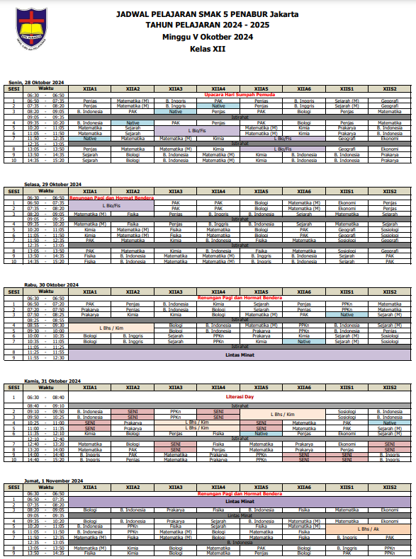 Jadwal Pelajaran Kelas XII SMAK 5 PENABUR Jakarta Tahun Pelajaran 2024-2025 Minggu V Oktober 2024