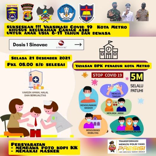 Vaksin Covid 19 untuk anak usia 6-11 tahun dosis 1  di BPK PENABUR METRO