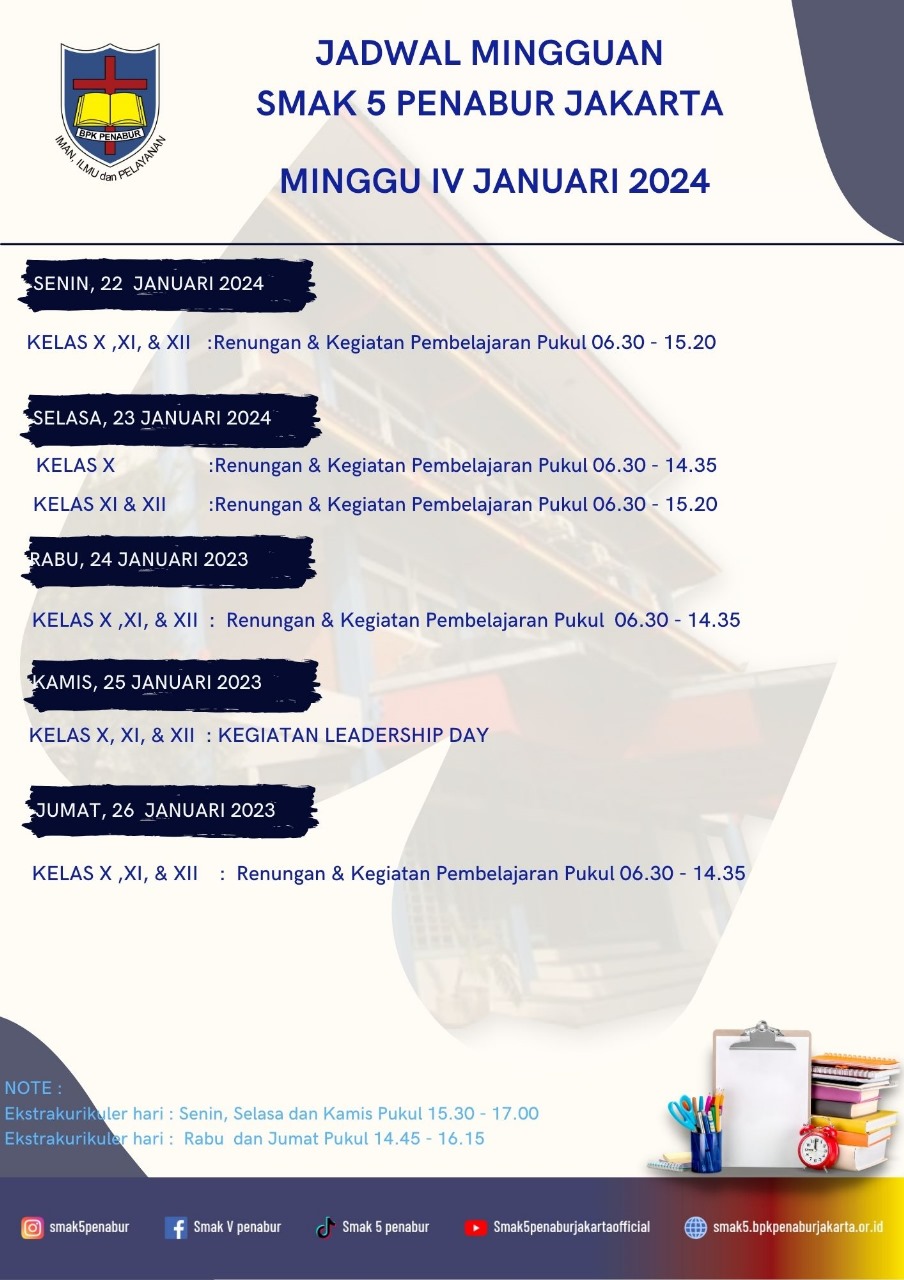 Jadwal Minggu IV Januari 2024 SMAK 5 PENABUR Jakarta