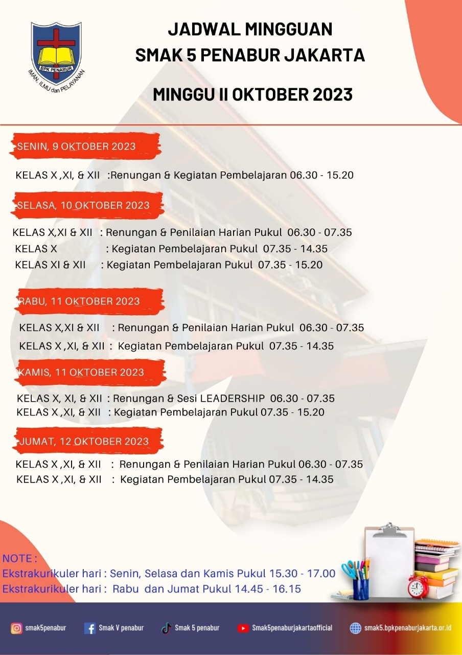 Jadwal Minggu II Oktober 2023 SMAK 5 PENABUR Jakarta
