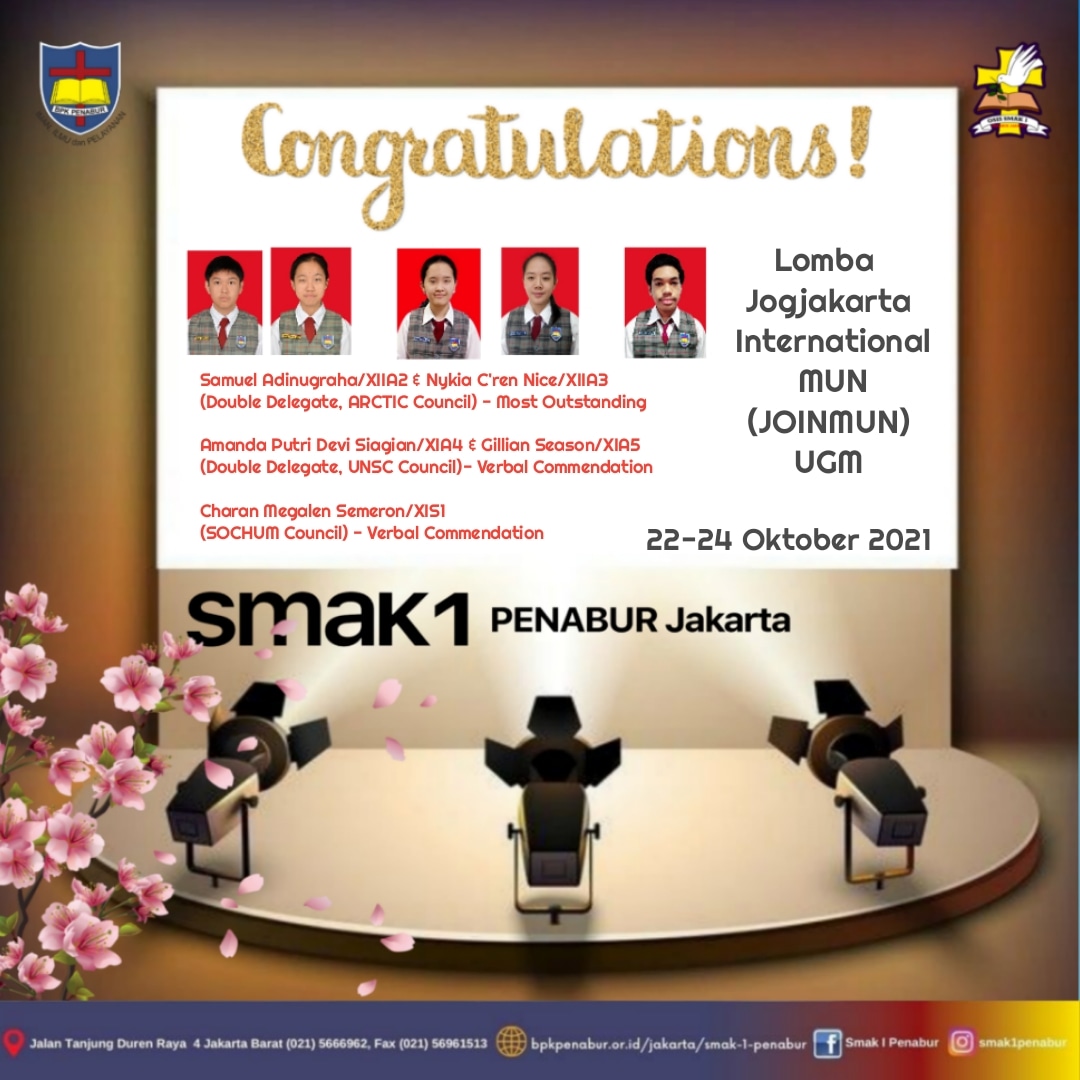 Prestasi siswa dan siswi SMAK 1 PENABUR Jakarta dalam Lomba Jogjakarta International MUN (JOINMUN) UGM tgl 22-24 Oktober 2021