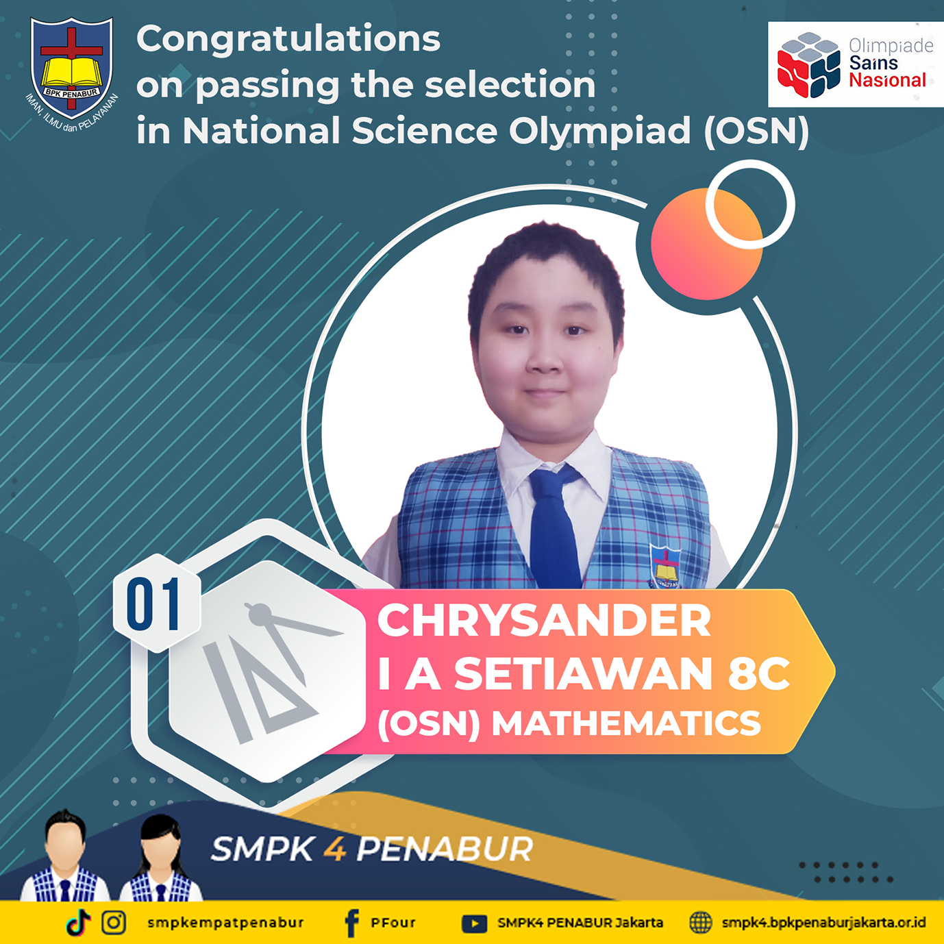 OSN 2022 : Chrysander I A Setiawan (8C) - Lolos Seleksi OSN Bidang Matematika