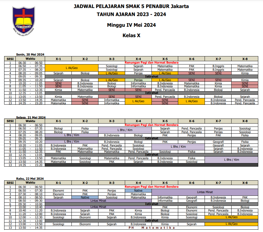 Jadwal Pelajaran Bulan Mei Minggu IV Kelas X