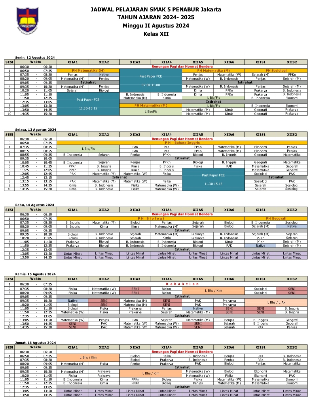 Jadwal Pelajaran Kelas XII SMAK 5 PENABUR Jakarta Tahun Pelajaran 2024-2025 Minggu II Agustus 2024