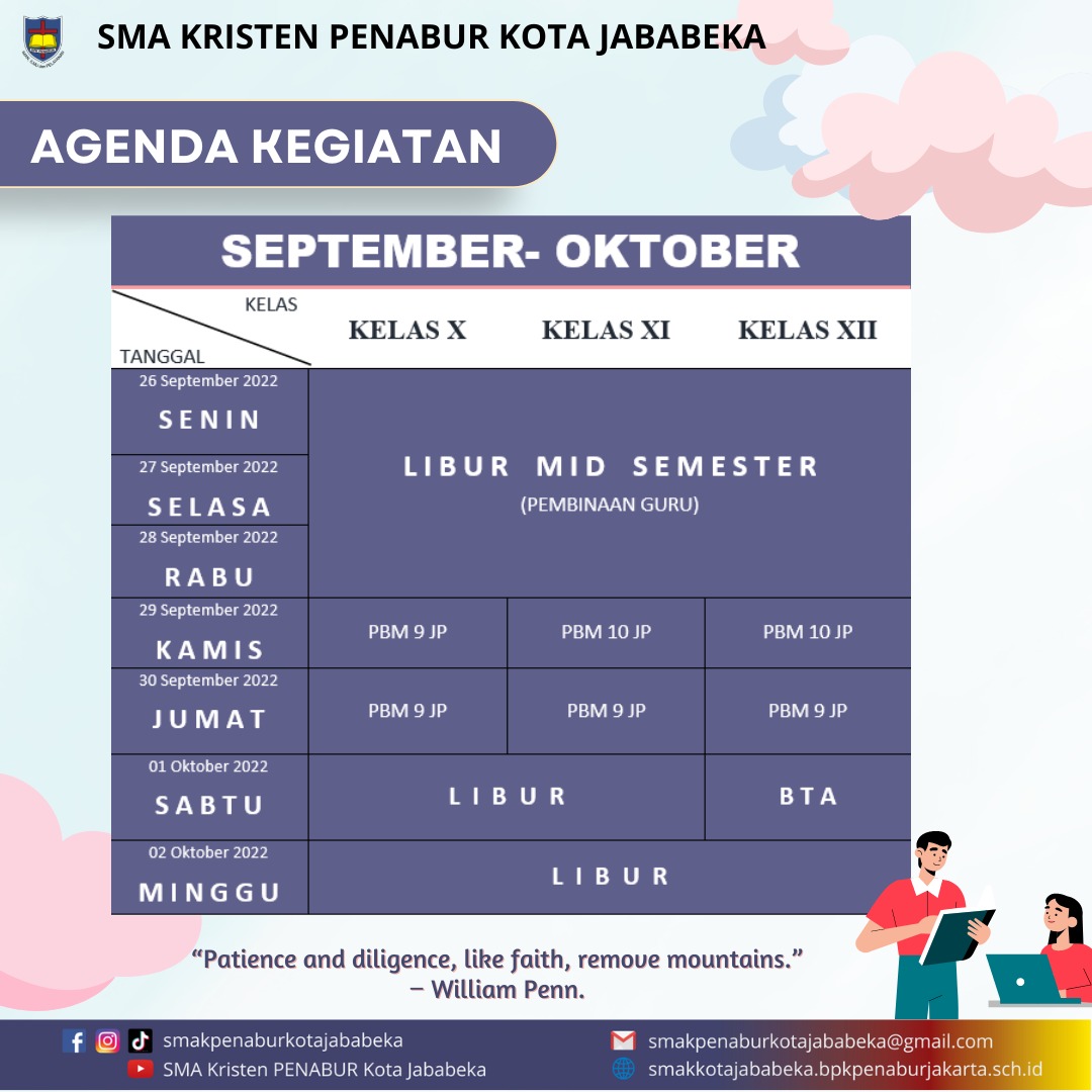 Jadwal Mingguan : 26 September - 30 September 2022