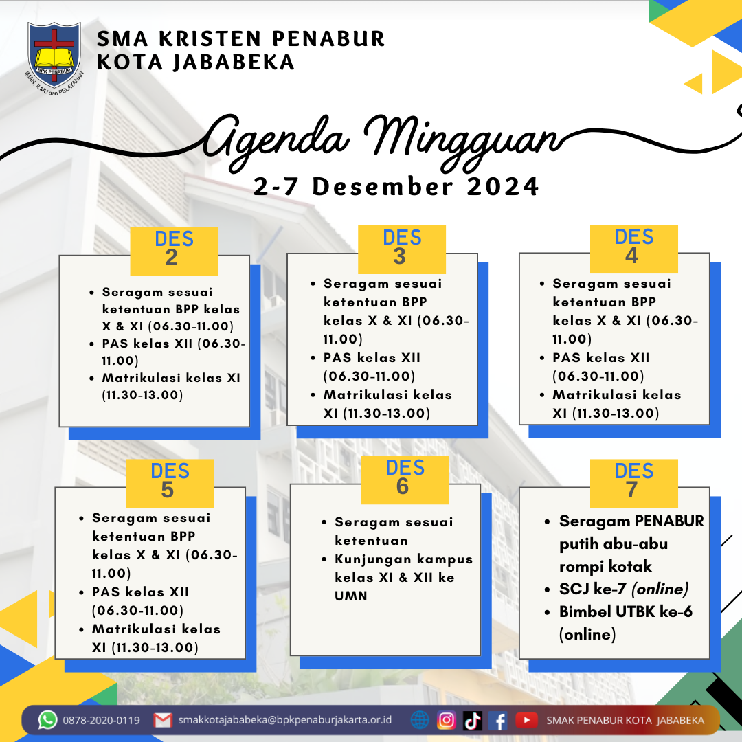 Jadwal Mingguan, 2 Desember - 7 Desember 2024