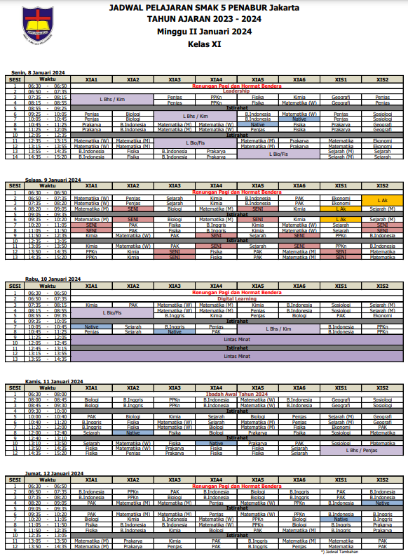 Jadwal Pelajaran Bulan Januari Minggu II Kelas XI