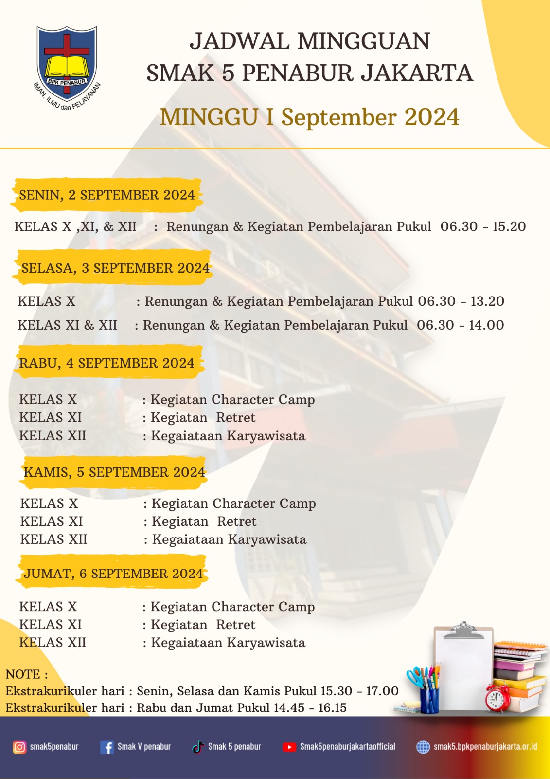 Jadwal Minggu I September 2024 SMAK 5 PENABUR Jakarta