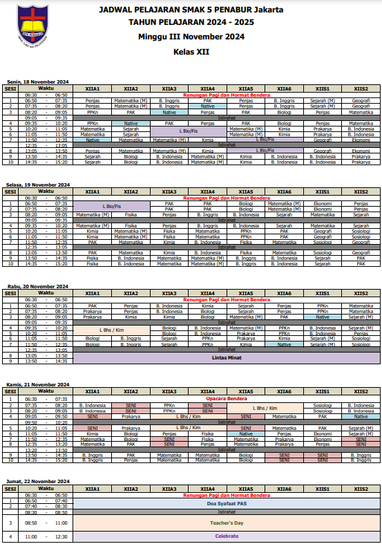 Jadwal Pelajaran Kelas XII SMAK 5 PENABUR Jakarta Tahun Pelajaran 2024-2025 Minggu III November 2024