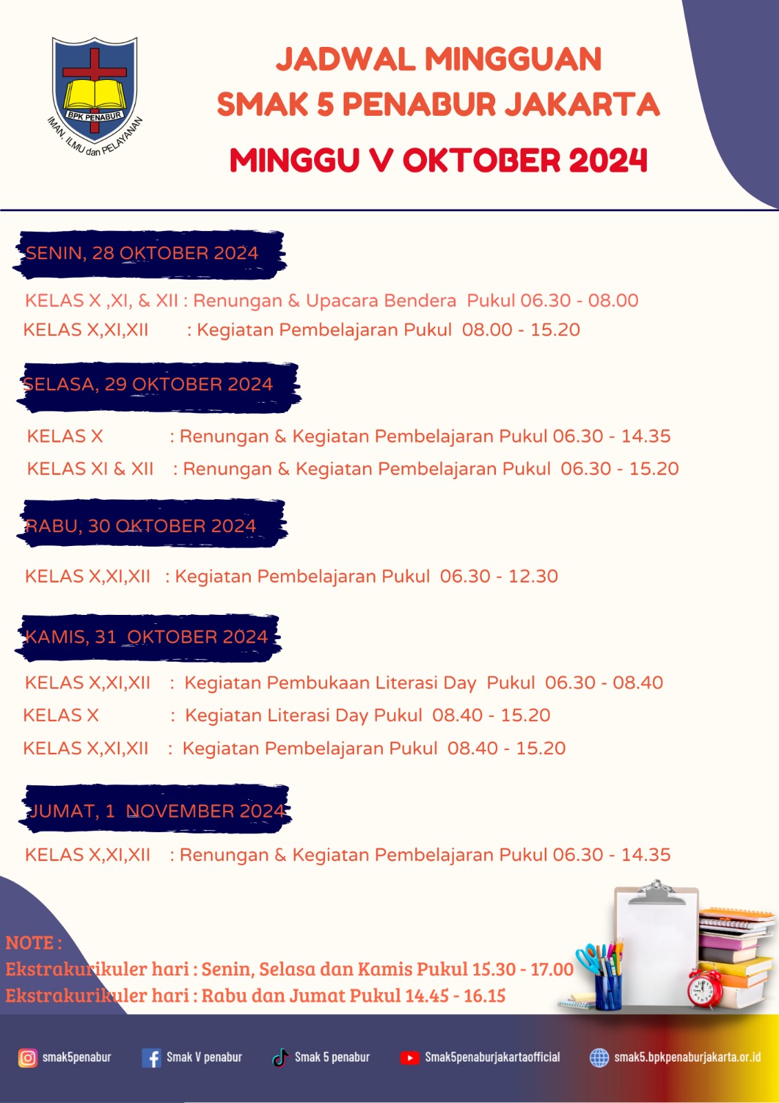 Jadwal Minggu V Oktober 2024 SMAK 5 PENABUR Jakarta