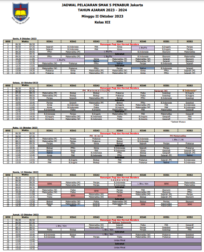 Jadwal Pelajaran Bulan Oktober Minggu II Kelas XII