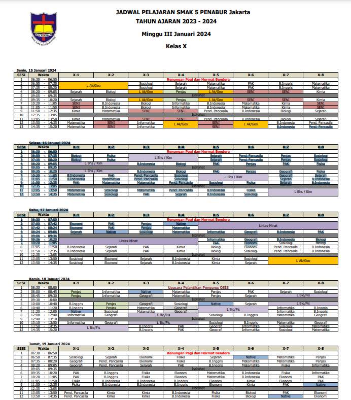 Jadwal Pelajaran Bulan Januari Minggu III Kelas X