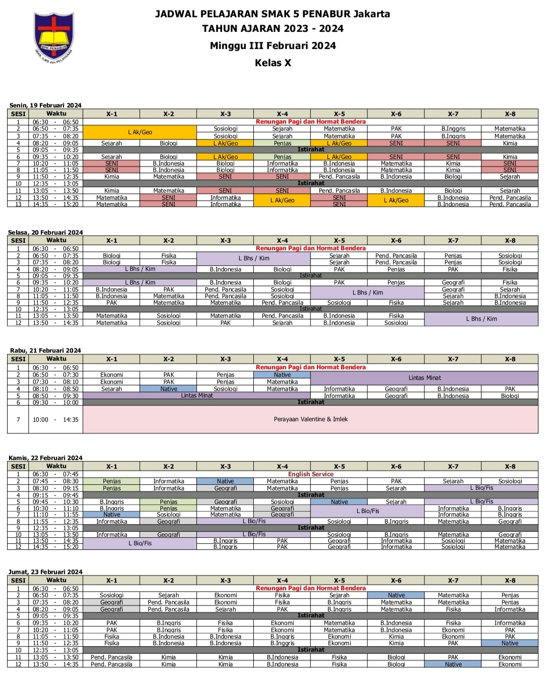 Jadwal Pelajaran Bulan Februari Minggu III Kelas X