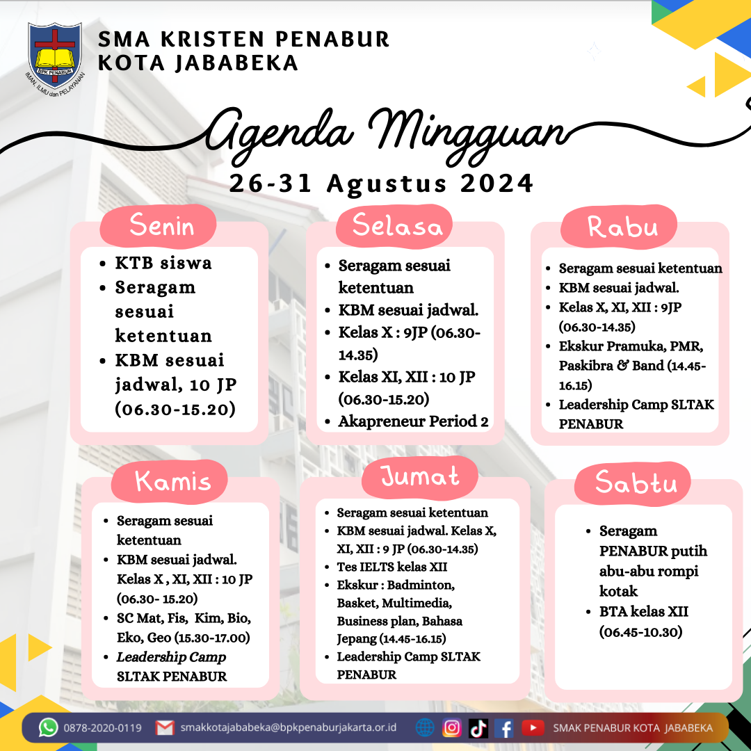 Jadwal Mingguan, 26 Agustus - 31 Agustus 2024