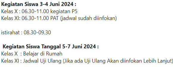 Informasi Kegiatan Sekolah pada 3-7 Juni 2024