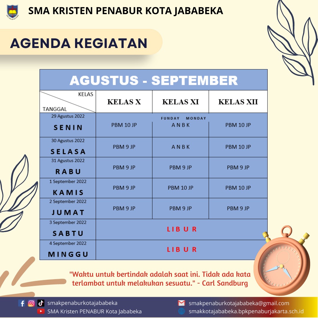 Jadwal Mingguan : 29 Agustus - 4 September 2022