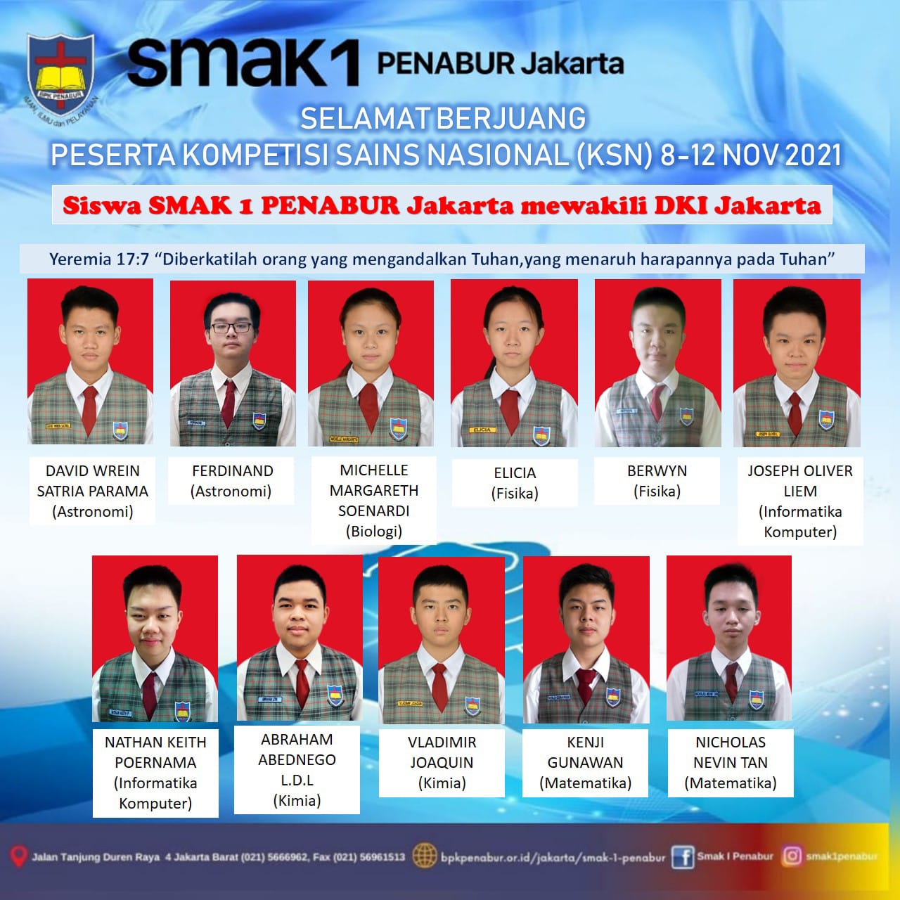 Siswa SMAK 1 PENABUR Jakarta lolos dalam Seleksi Kompetisi Sains Nasional di tingkat propinsi 2021