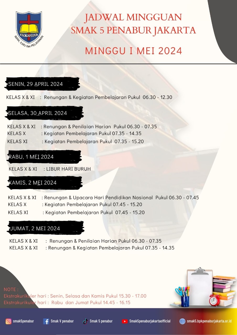 Jadwal Minggu I Mei 2024 SMAK 5 PENABUR Jakarta