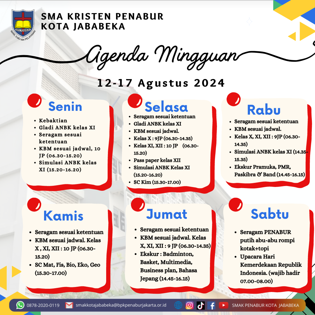 Jadwal Mingguan, 12 Agustus - 17 Agustus 2024