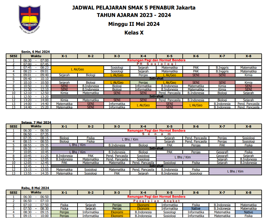 Jadwal Pelajaran Bulan Mei Minggu II Kelas X