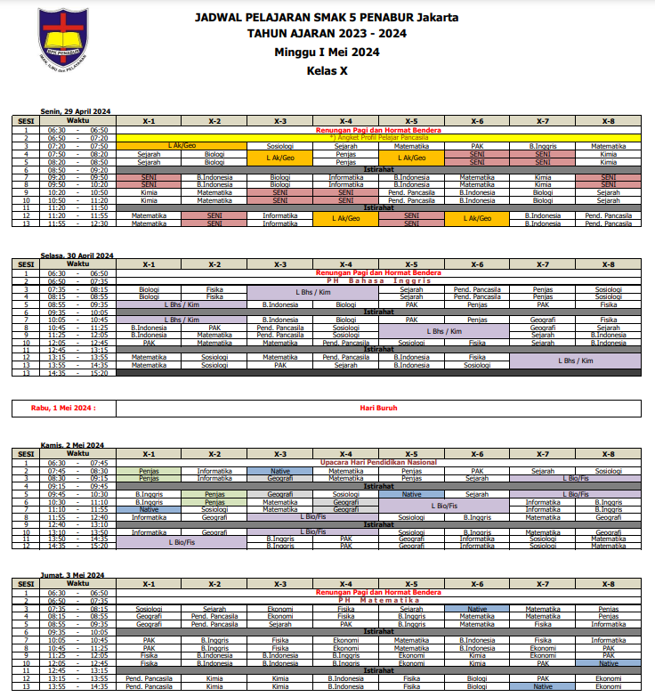 Jadwal Pelajaran Bulan Mei Minggu I Kelas X