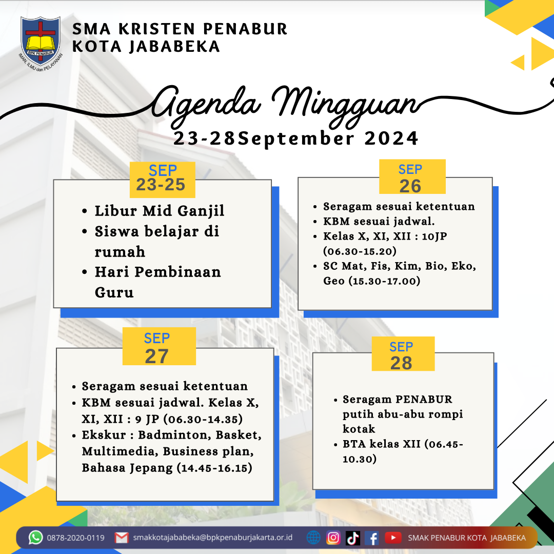 Jadwal Mingguan, 23 September - 28 September 2024