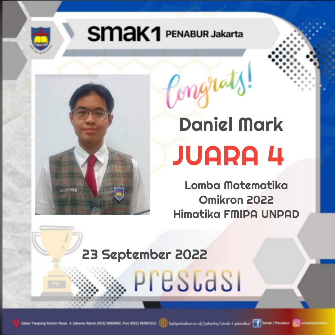 Prestasi Siswa SMAK 1 PENABUR JAKARTA Juara 4 dalam lomba Matematika yang diselenggarakan oleh UNPAD