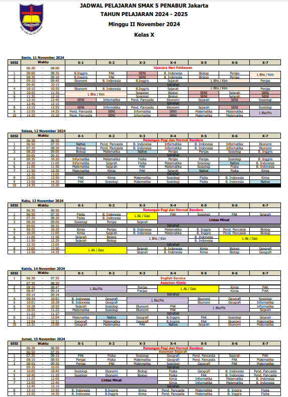 Jadwal Pelajaran Kelas X SMAK 5 PENABUR Jakarta Tahun Pelajaran 2024-2025 Minggu II November 2024