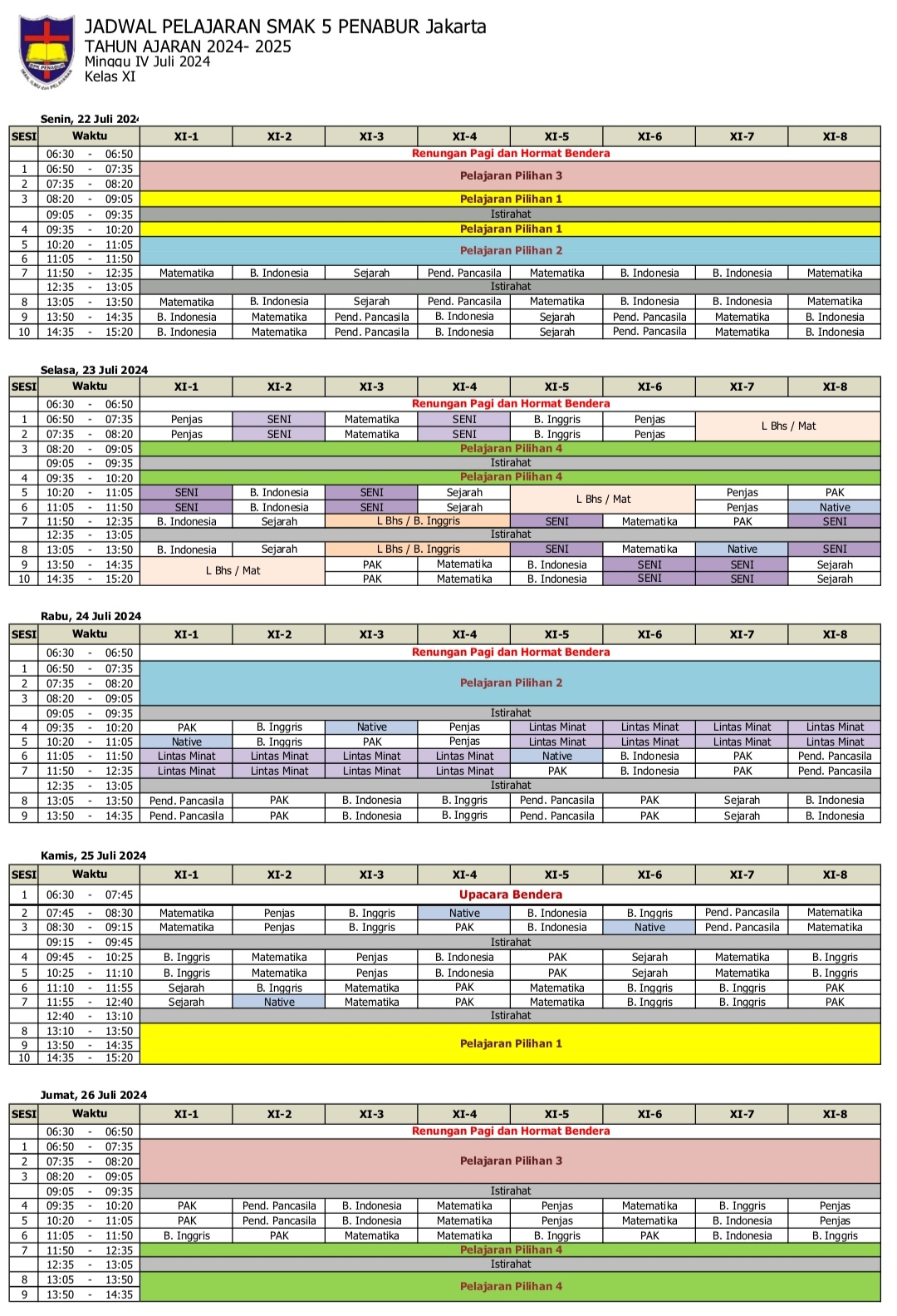 Jadwal Pelajaran Kelas XI SMAK 5 PENABUR Jakarta Tahun Pelajaran 2024-2025 Minggu IV Juli 2024