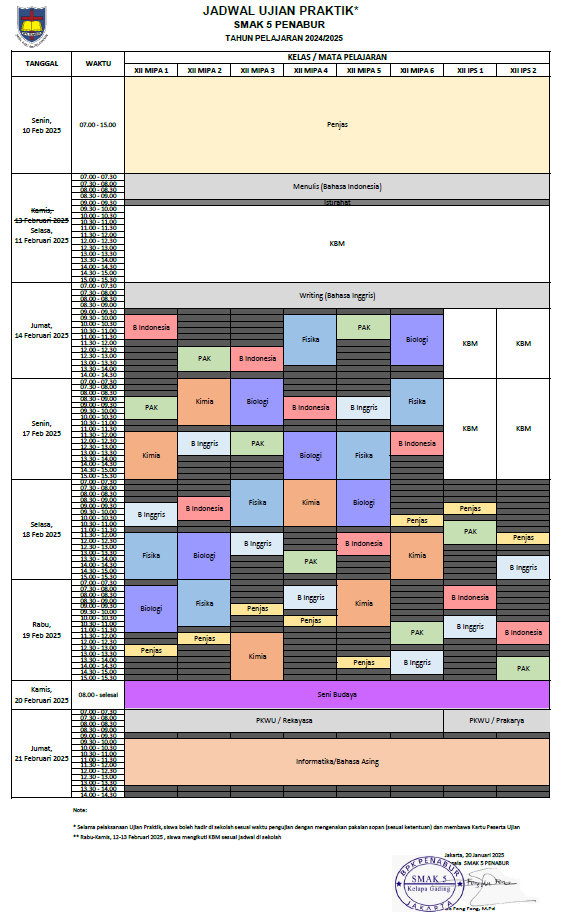 Revisi Jadwal Ujian Praktik Kelas XII SMAK 5 PENABUR Jakarta