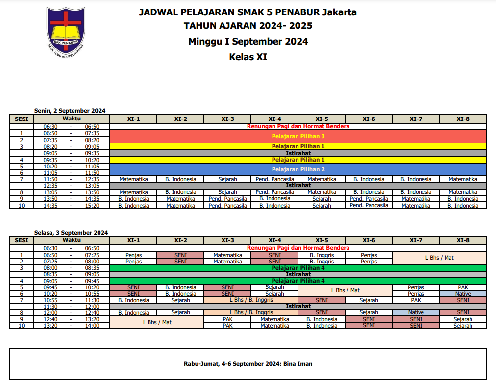 Jadwal Pelajaran Kelas XI SMAK 5 PENABUR Jakarta Tahun Pelajaran 2024-2025 Minggu I September 2024