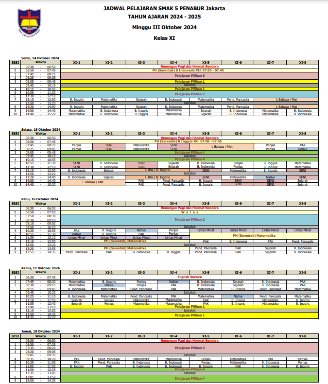 Jadwal Pelajaran Kelas XI SMAK 5 PENABUR Jakarta Tahun Pelajaran 2024-2025 Minggu III Oktober 2024