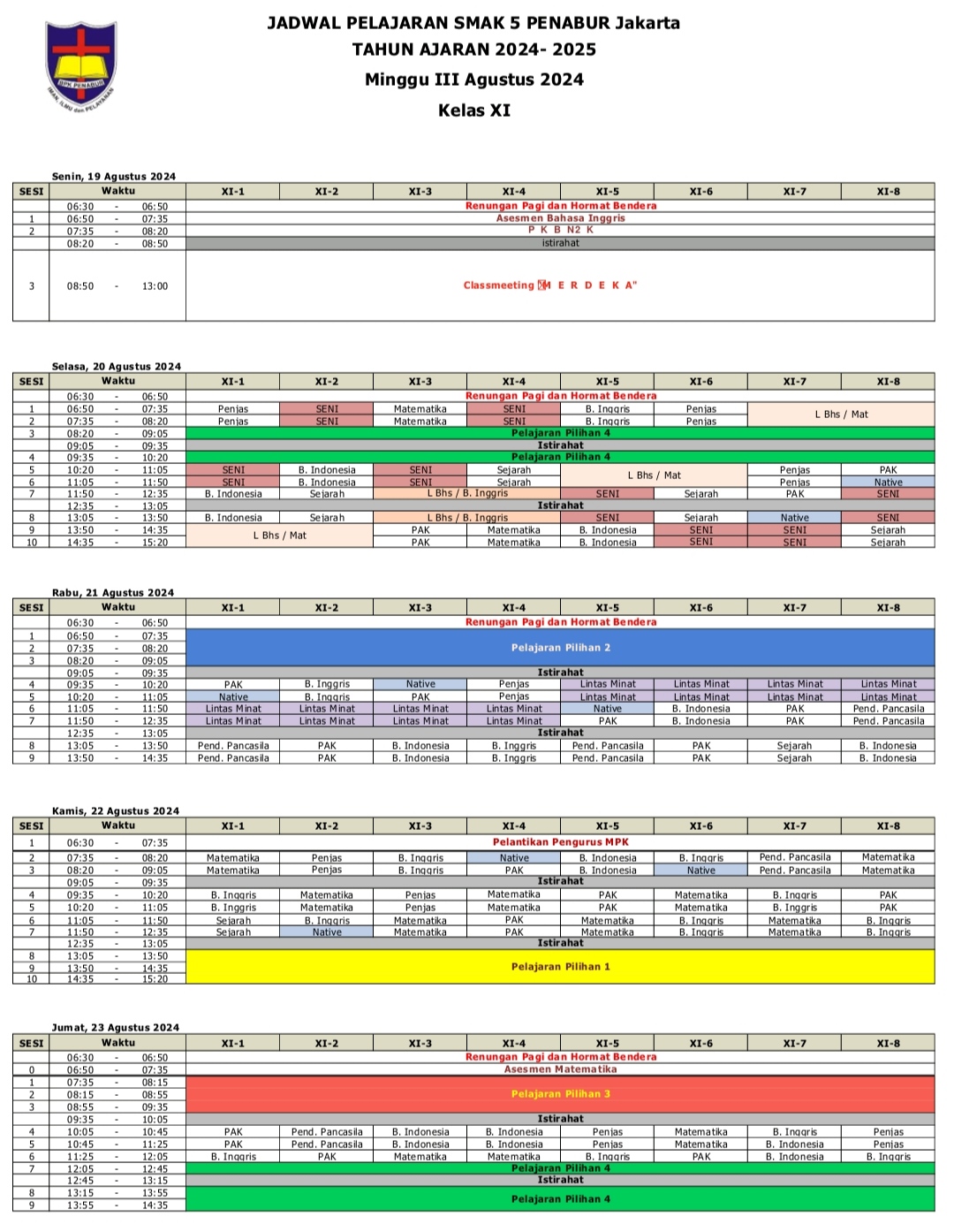 Jadwal Pelajaran Kelas XI SMAK 5 PENABUR Jakarta Tahun Pelajaran 2024-2025 Minggu III Agustus 2024