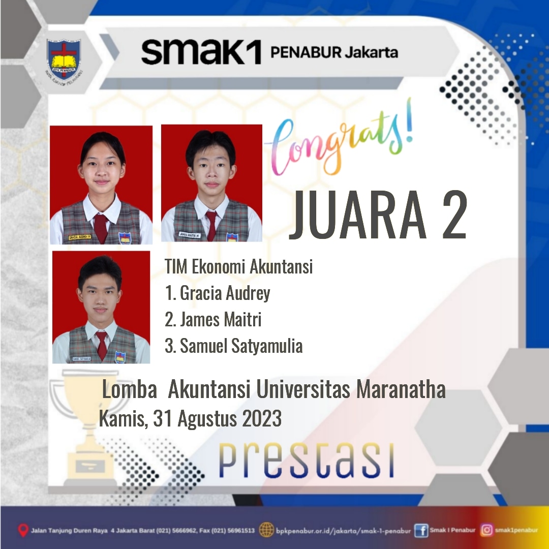 Prestasi Peserta Didik SMAK1 PENABUR Jakarta mendapatkan Juara 2 pada Lomba  Akuntansi Universitas Maranatha 31 Agustus 2023