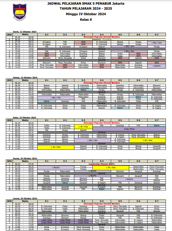 Jadwal Pelajaran Kelas X SMAK 5 PENABUR Jakarta Tahun Pelajaran 2024-2025 Minggu IV Oktober 2024