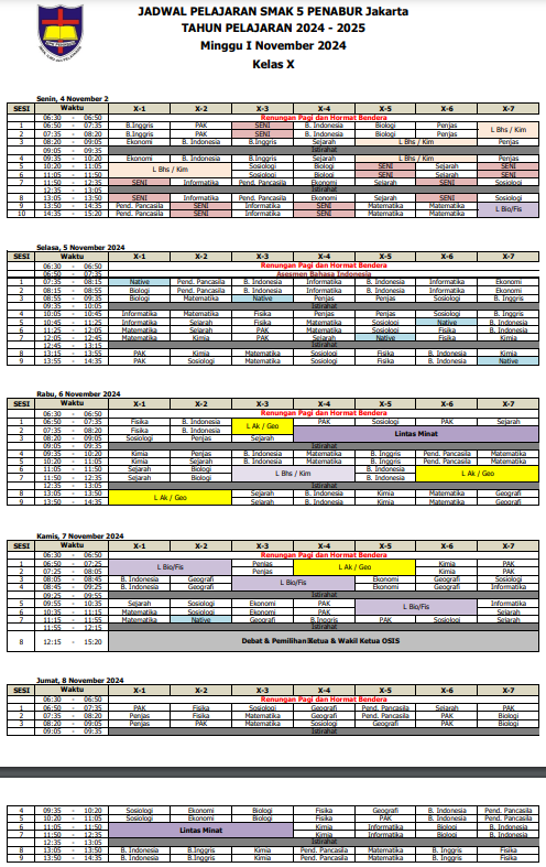 Jadwal Pelajaran Kelas X SMAK 5 PENABUR Jakarta Tahun Pelajaran 2024-2025 Minggu I November 2024