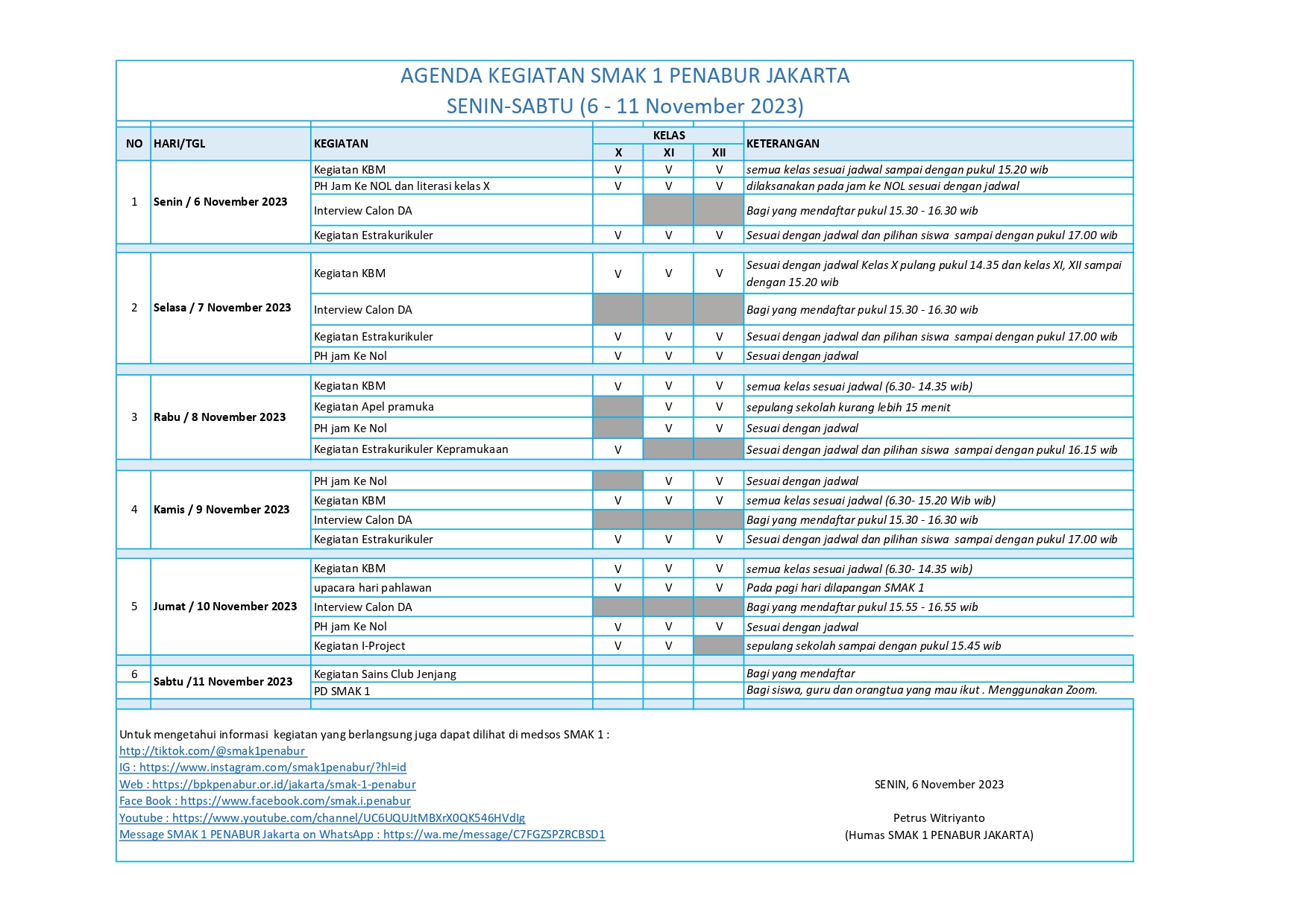 Agenda Kegiatan SMAK 1  PENABUR tanggal 6 - 11 November 2023